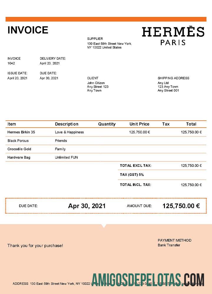 em branco Modelo de fatura Hermes dos EUA